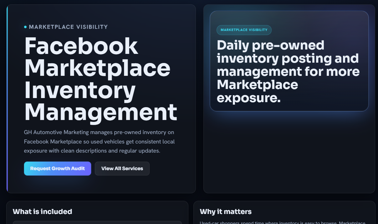 GHMarketPlace dashboard showing linked Facebook account, dealership inventory, vehicle selection, Marketplace posting metrics, and inventory tools